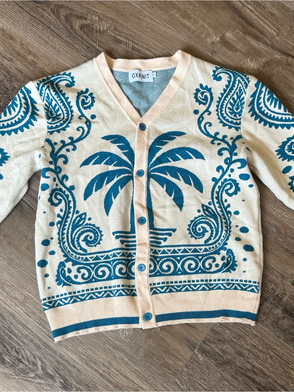 OXKNIT Cream Cardigan with Blue Palm Print